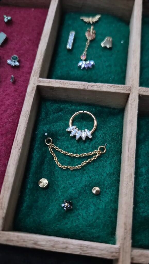 Gold-toned piercing jewelry arranged in a display tray