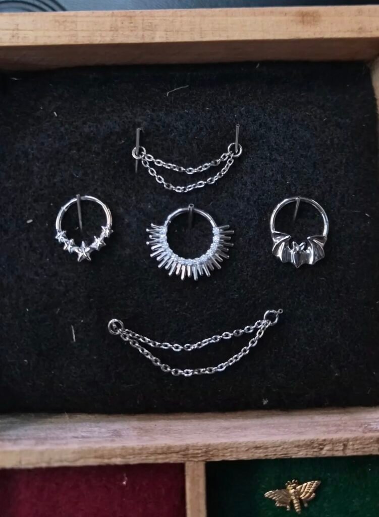 Piercing rings and chains arranged in a jewelry tray